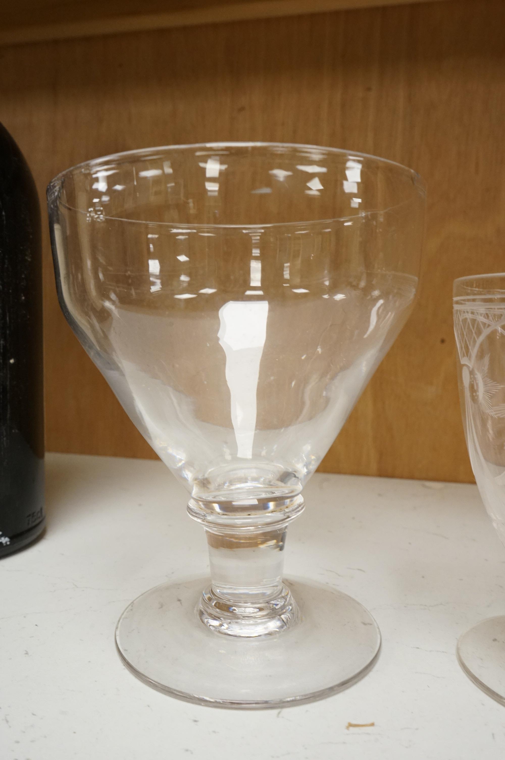 Two 19th century glass rummers and a smaller Masonic drinking glass, tallest 14cm